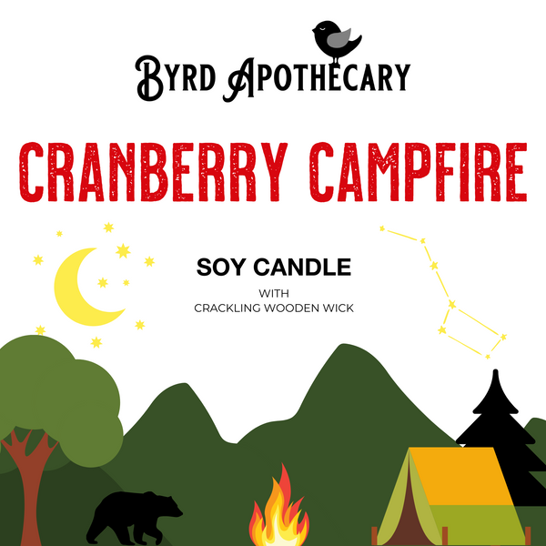 Graphic of Byrd Apothecary Cranberry Campfire Soy Candle with crackling Wooden Wick. The background is a cartoon forest scene with mountains, a walking black bear, a tent with a campfire, a forest and sky with moon, stars and the Big Dipper.