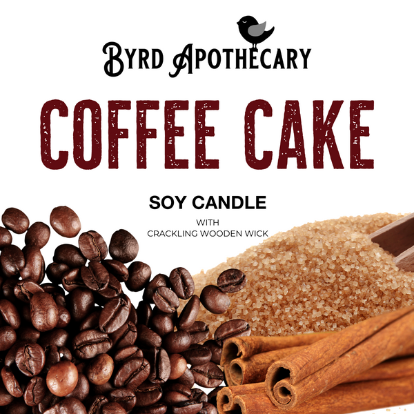 Graphic of Byrd Apothecary Coffee Cake Soy Candle with crackling Wooden Wick. The background is whole coffee beans, a mound of brown sugar and cinnamon sticks.