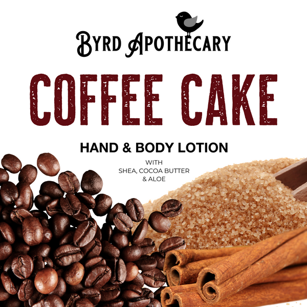 Graphic of Byrd Apothecary Coffee Cake Hand & Body Lotion - with Shea, Cocoa Butter & Aloe. The background is whole coffee beans, a mound of brown sugar and cinnamon sticks.