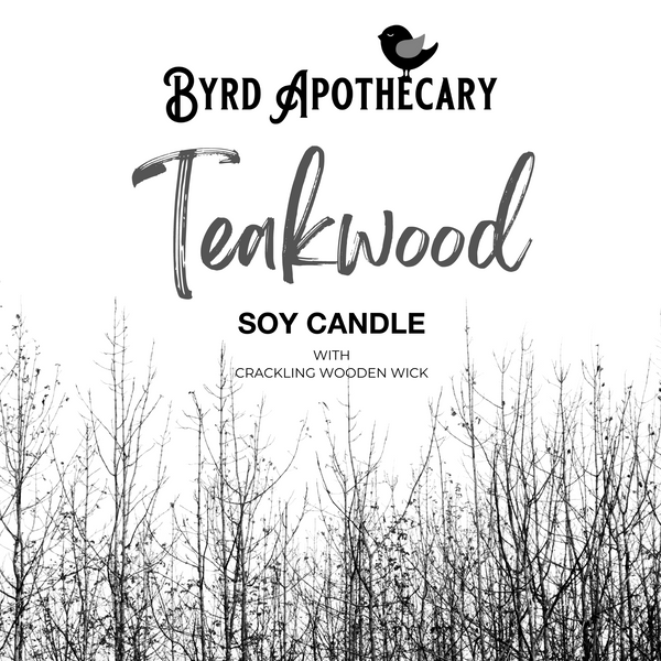 Graphic of Byrd Apothecary Teakwood Soy Candle with crackling Wooden Wick. The background is a black and white photo of leafless trees.