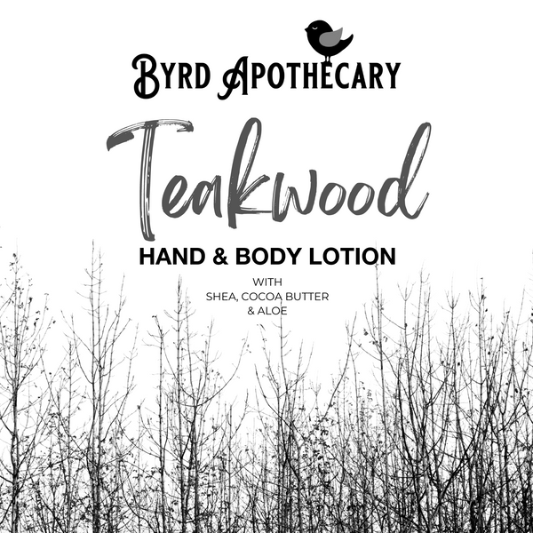 Graphic of Byrd Apothecary Teakwood Hand & Body Lotion - with Shea, Cocoa Butter & Aloe. The background is a black and white photo of leafless trees.