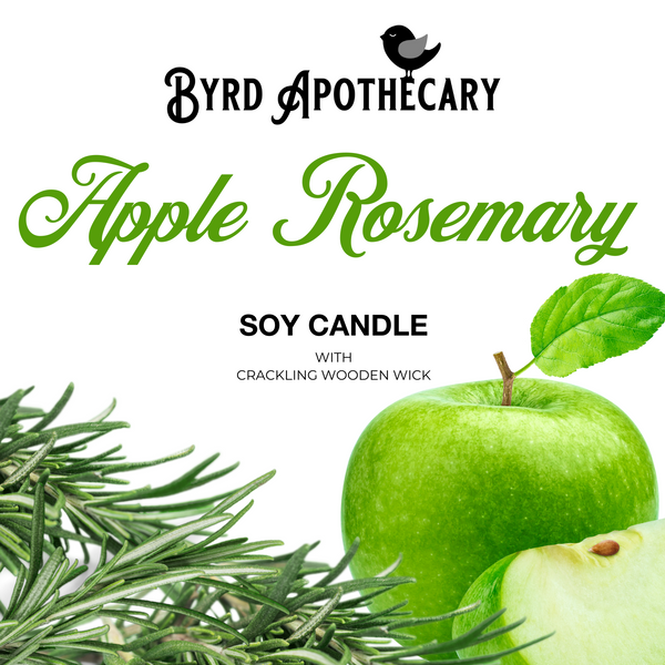 Graphic of Byrd Apothecary Apple Rosemary Soy Candle with crackling Wooden Wick. The background is green apples and fresh rosemary.