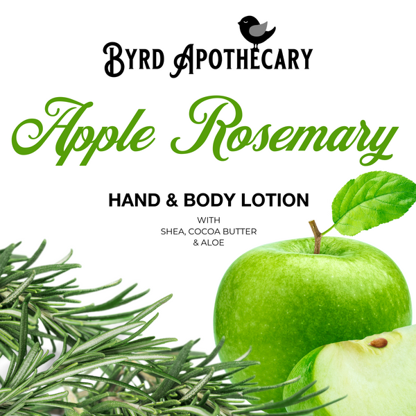 Graphic of Byrd Apothecary Apple Rosemary Hand & Body Lotion - with Shea, Cocoa Butter & Aloe. The background is green apples and fresh rosemary.