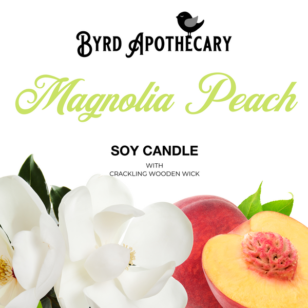 Graphic of Byrd Apothecary Magnolia Peach Soy Candle with crackling Wooden Wick. The background is a magnolia bloom and a cut open peach.