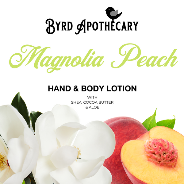 Graphic of Byrd Apothecary Magnolia Peach Hand & Body Lotion - with Shea, Cocoa Butter & Aloe. The background is a magnolia bloom and a cut open peach.