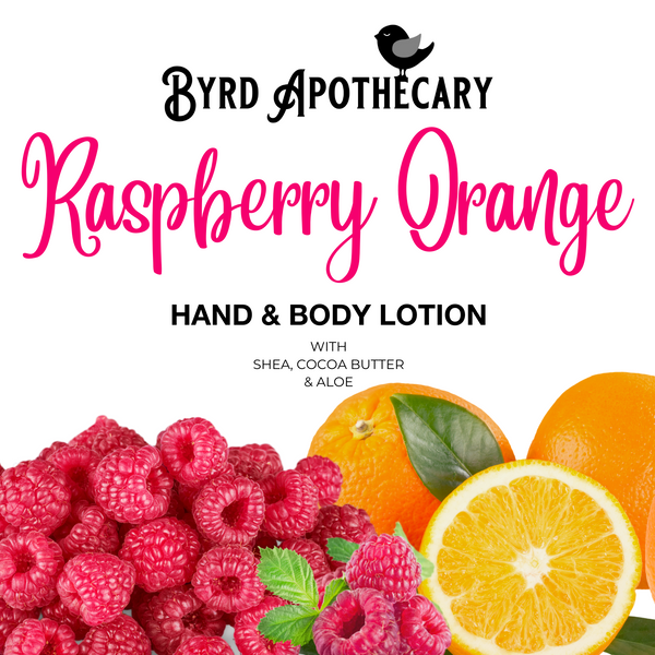 Graphic of Byrd Apothecary Raspberry Orange Hand & Body Lotion - with Shea, Cocoa Butter & Aloe. The background is a bunch of fresh red raspberries with whole and cut oranges.