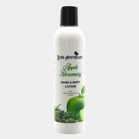 Product Photo  Photo of Byrd Apothecary Apple Rosemary Hand & Body Lotion - with Shea, Cocoa Butter & Aloe. The label background is green apples and fresh rosemary.